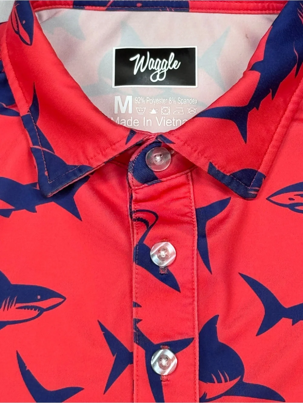 Waggle Men's Medium Red Sharks Polo, Stretch Golf Performance Short Sleeve - Picture 3 of 7